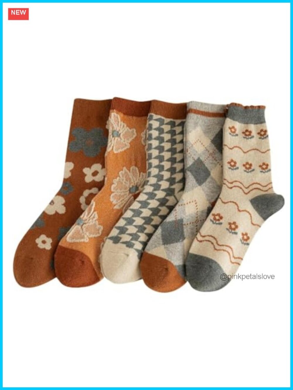 Wool Blend Thick Knit Floral Crew Socks for Women Calf Socks